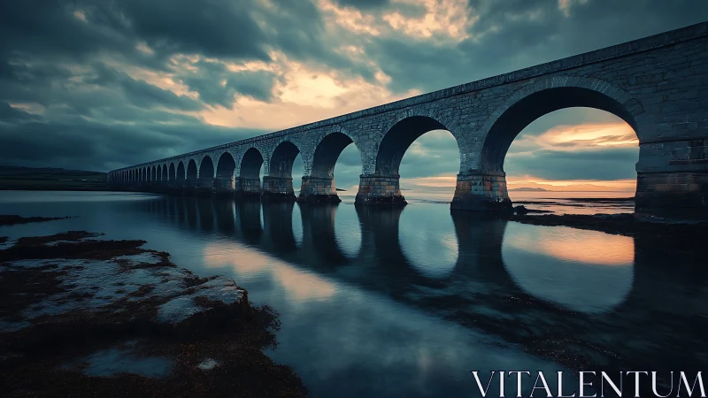 Stone viaduct stretches over tidal bay beneath stormy sunset