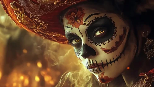 Calavera face paint portrait with ornate hat and smoke.
