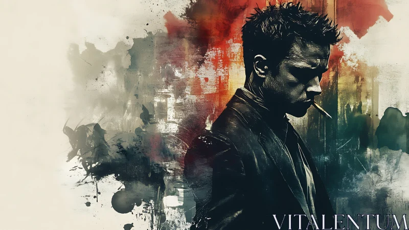 Brooding urban silhouette wrapped in wild painted color storms.