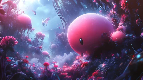 Spherical creatures within luminous bioluminescent forest.