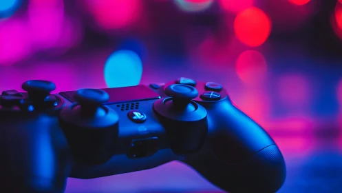 Game controller lies in sharp focus against neon bokeh