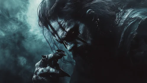 Brooding demon profile in cold cyan cinematic shadows.