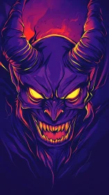 Fluorescent demon grin carves neon fire through the dark