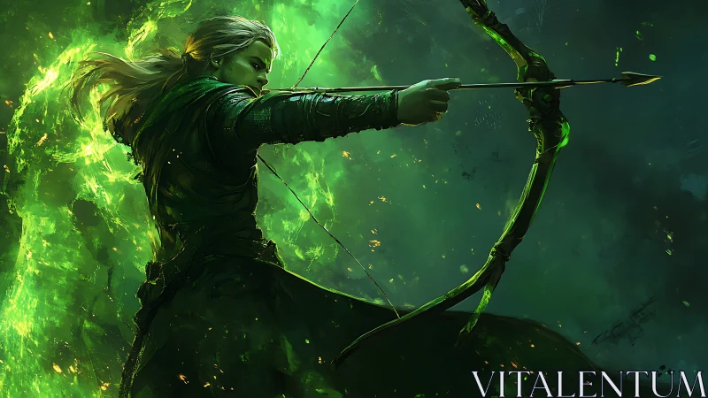 Arcane emerald archer executing high-tension ballistic draw.