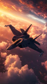 Jet fighter skimming sunset clouds in glowing sky.