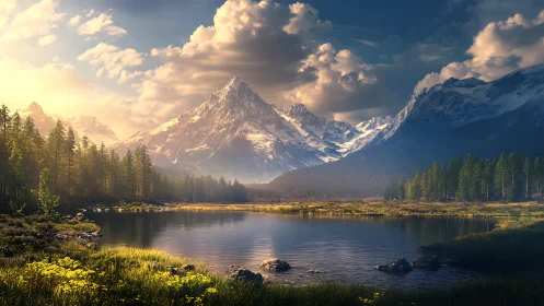Sunlit alpine lake below snowcapped mountain range