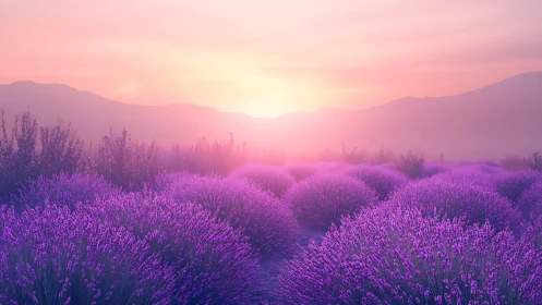 Lavender field under diffuse pink sunset light in valley.