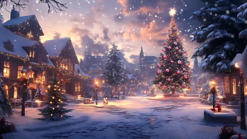 Snowlit village boulevard crowned by glowing storybook tree.