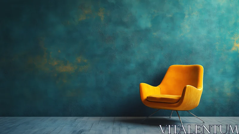 Yellow lounge chair against textured teal interior wall.