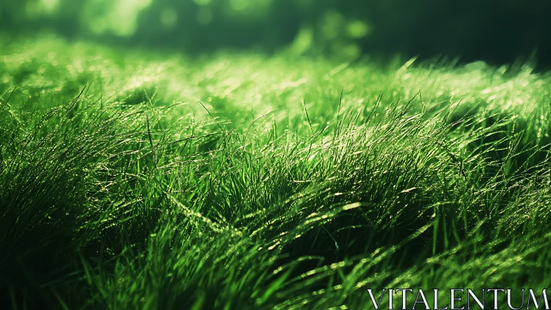 Dewy green grass in morning sunlight, natural landscape photograph.