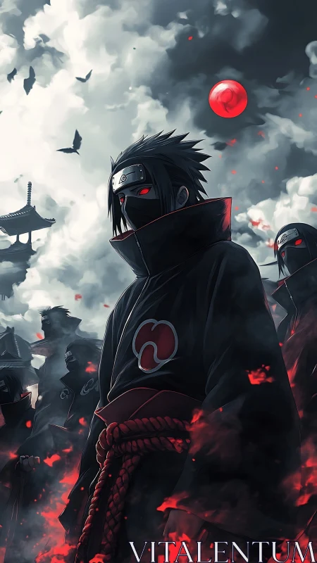 Masked shinobi collective in red-accented cloaks under storm sky