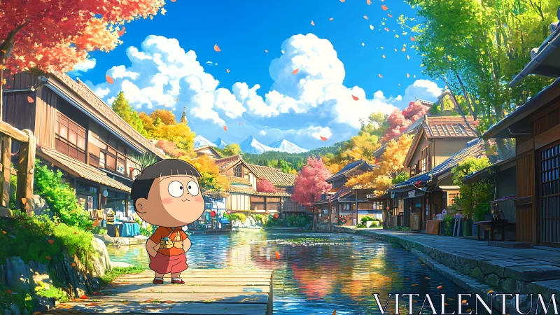 Cartoon boy explores serene Japanese riverside town in autumn