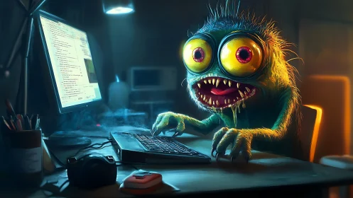 Bug-eyed coder monster hunches over glowing desktop keyboard