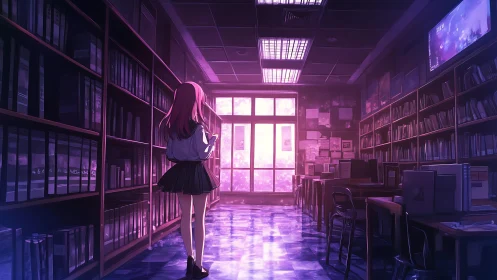 Solitary schoolgirl crosses a violet-lit library at dusk