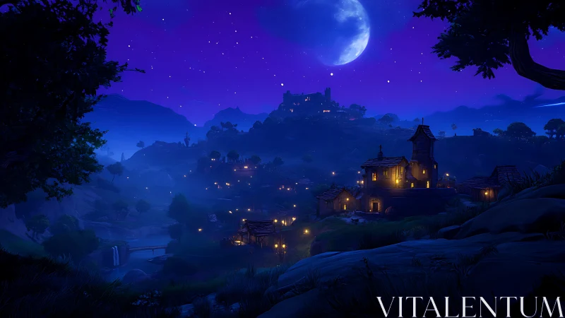 Moonlit low-poly valley with volumetric fog and warm village lights