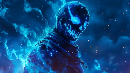 Spectral blue wraith engulfed in ethereal digital flames.