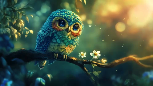 Vibrant fantasy owl on branch in glowing forest, digital art style.