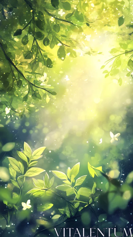 Sunlit forest glade with gentle leaves and drifting butterflies.