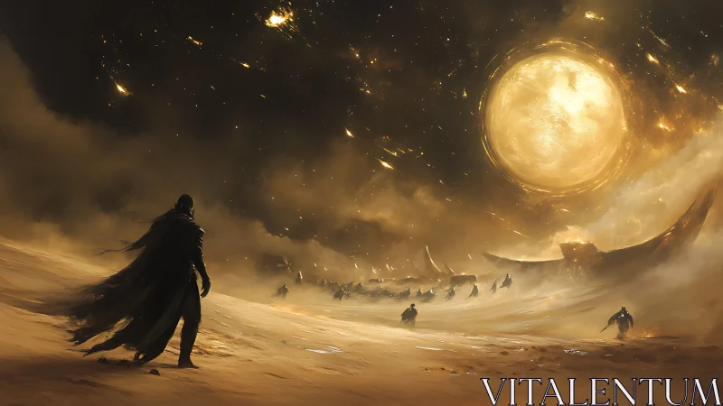 Cloaked wanderer confronts burning sun over shattered dunes.