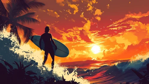 Sunset surfer silhouette against vivid tropical horizon.