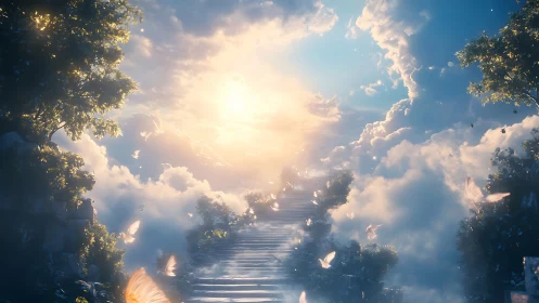 Stairway through glowing clouds to radiant heavenly sky.