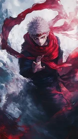 Scarlet energy swirls around intense white-haired fighter.