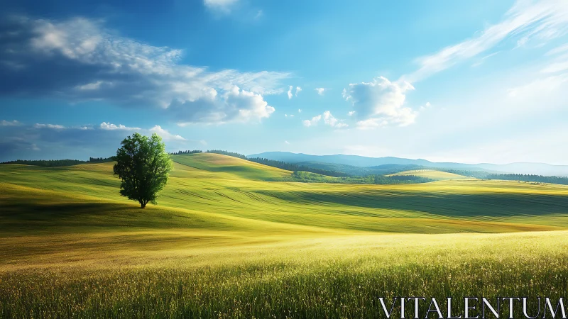 Solitary green tree crowns rolling golden summer fields.