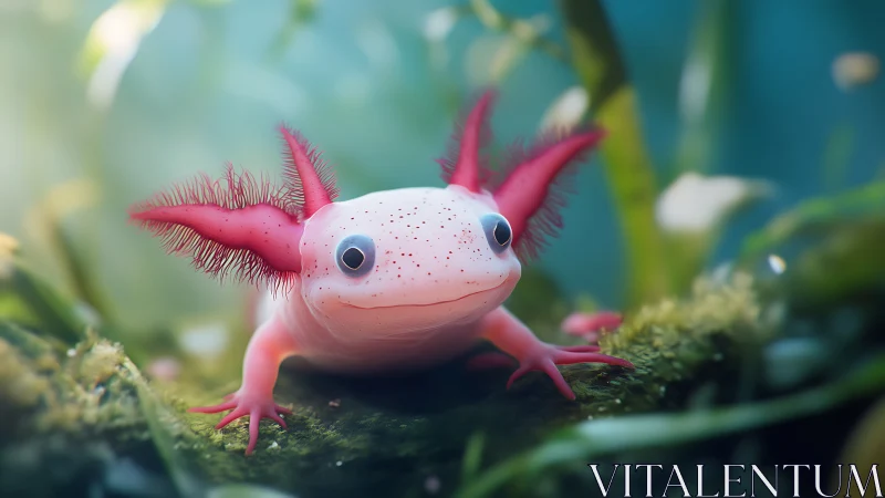 Bubble-eyed axolotl prince in a mossy underwater kingdom.