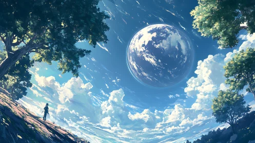 Wonderstruck traveler gazes up at a vast blue world above