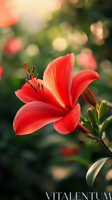 Vibrant Red Lily Bloom Backlit by Soft Garden Light
