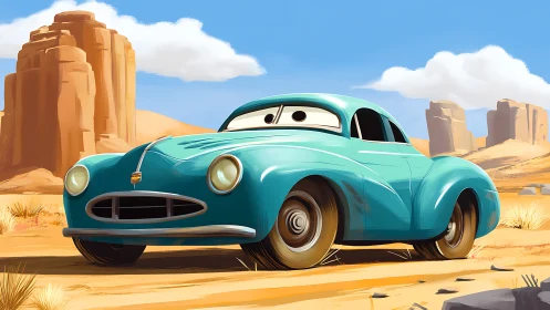 Cheerful teal cartoon car enjoys a sunny desert cruise