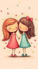 Two Young Girls Holding Hands Against Soft Peachy Background With Hearts