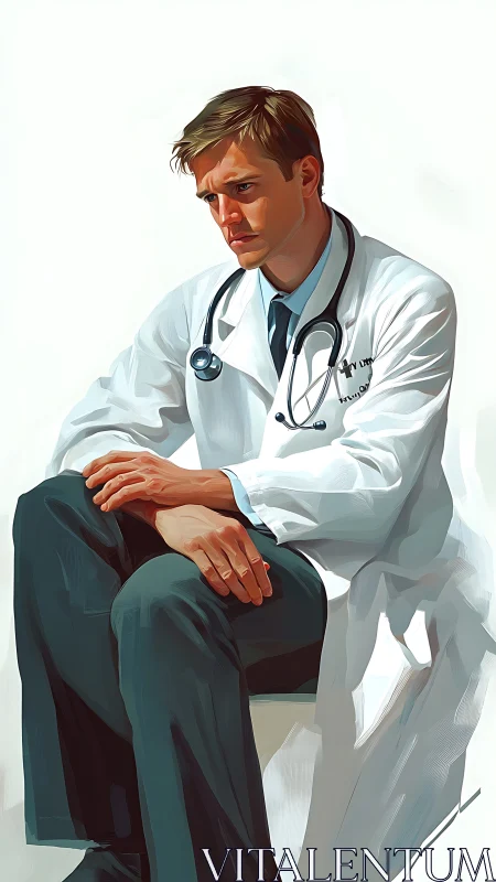 Worried doctor in white coat sits in quiet contemplation.