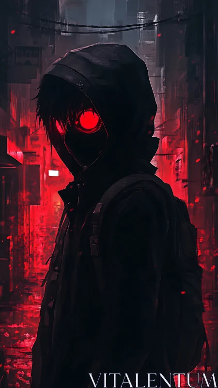 Mysterious hooded wanderer glowing in neon red night.