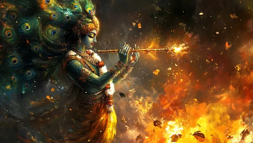 Divine flutist radiates firelit peacock energy and grace.