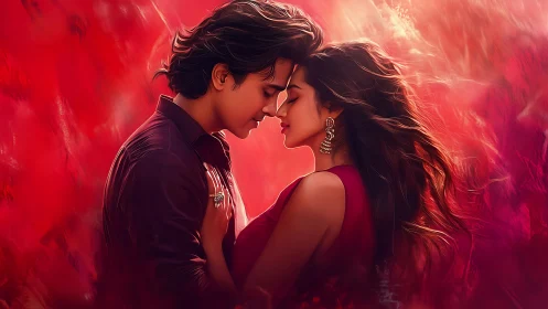 Intimate Profile Portrait Couple Against Vivid Crimson Atmospheric Backdrop