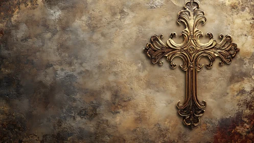 Ornate metallic cross mounted on textured stone wall
