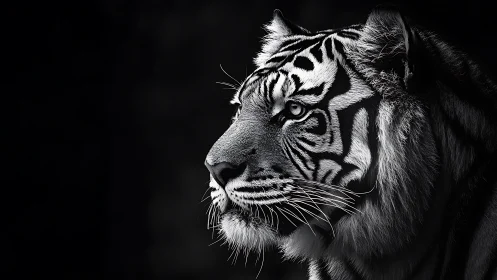 Monochrome profile portrait of a striped tiger head.