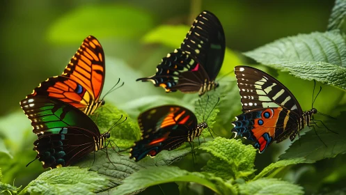 Multiple tropical butterflies rest on broad green foliage