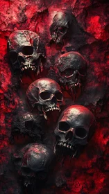 Human skull cluster embedded in red textured rock wall.