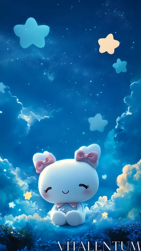 Kawaii plush rabbit figure under luminous dreamy starry sky