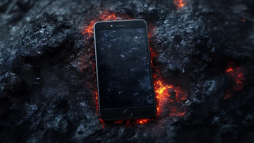 Smartphone on molten volcanic rock with glowing ember highlights