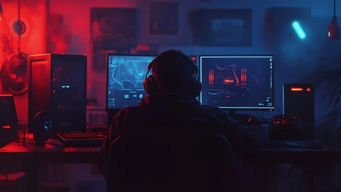 PC workstation with user at dual monitors in colored light.