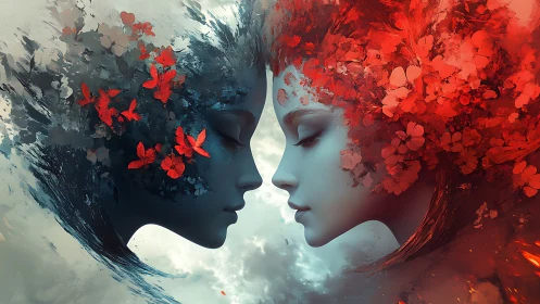 Dual Faces Bloom. Contrasting Red and Blue Abstract Minds.