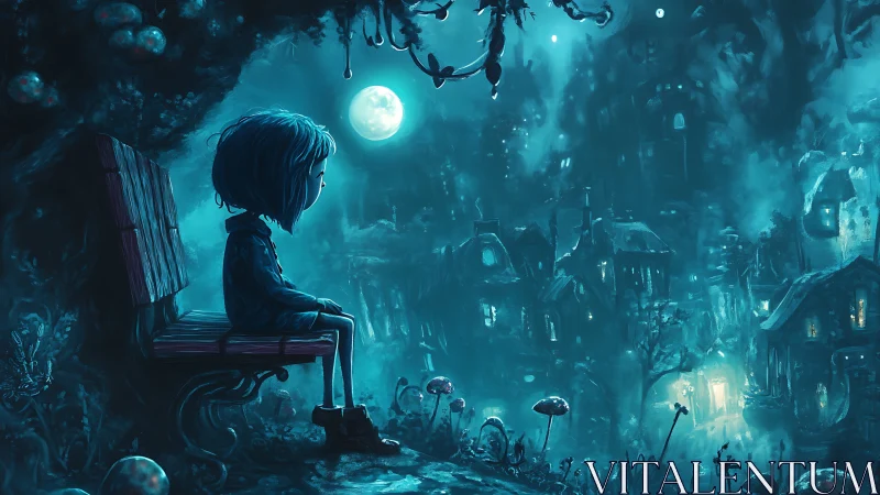 Dreamy moonlit village watched by a quiet, curious child.