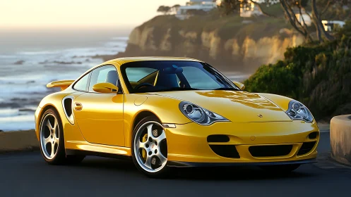 Sunlit yellow sports coupe cruising a cliffside dream road.