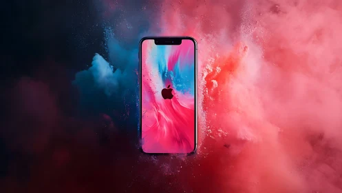 Apple smartphone rendered with vivid magenta-to-cyan chromatic gradient against particle explosion