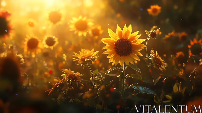 Digital painting of sunlit sunflower field with bokeh glow.