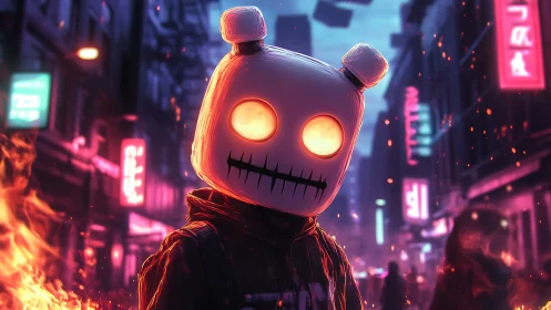 Neon-scorched city crowns a glitchy mascot with molten eyes