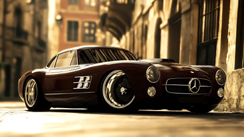 Low-angle render of classic Mercedes coupe in warm urban light